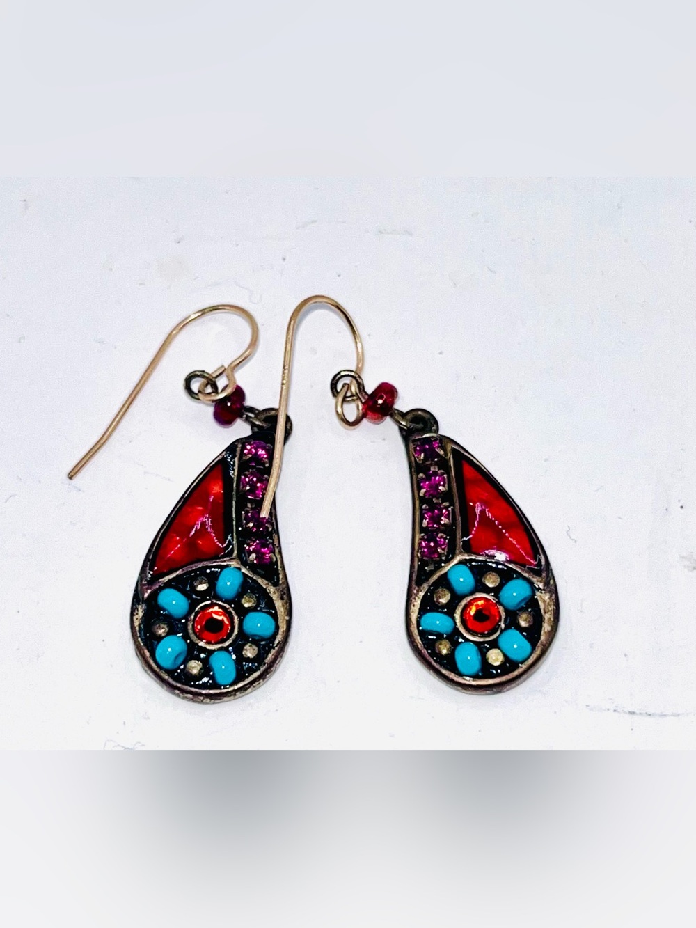 Vintage CHICO’S 14k GP Teardrop Dangle Earrings with Red and Turquoise accents